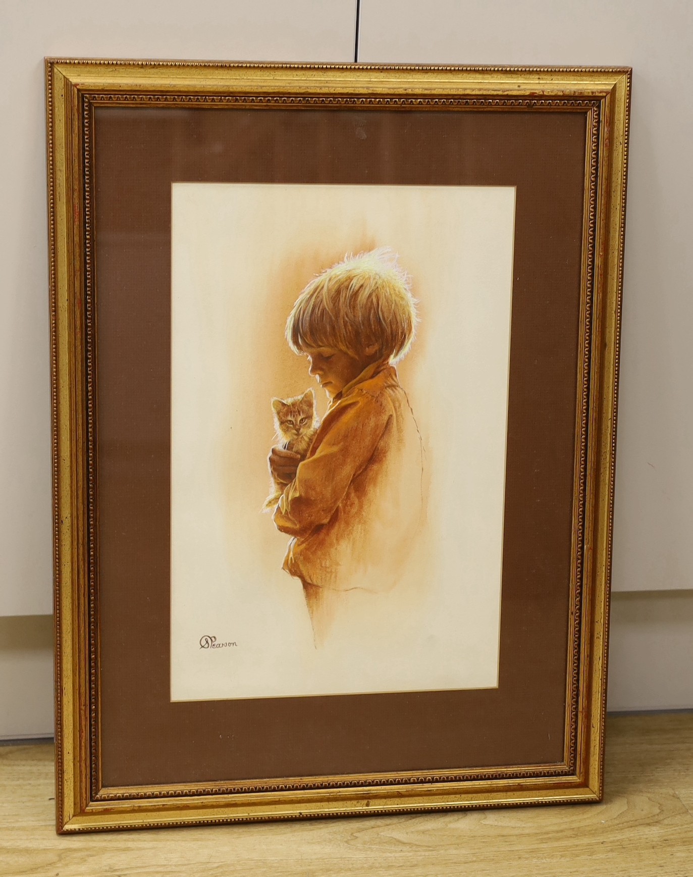 Stephen Pearson, watercolour, Child holding a kitten, signed, 42 x 28cm